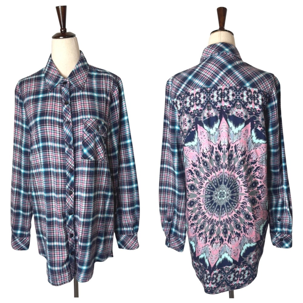 Tolani Shirt Women Medium‎ Blue Pink Plaid Flannel Button Down Mandala Back Boho